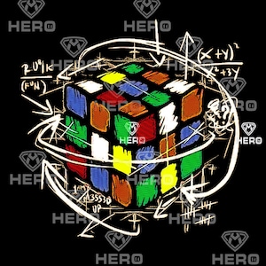 Puede incluir: Un cubo de Rubik de colores sobre un fondo blanco. El cubo está rodeado de líneas blancas y ecuaciones matemáticas. El texto "HERO" aparece varias veces alrededor de la imagen.