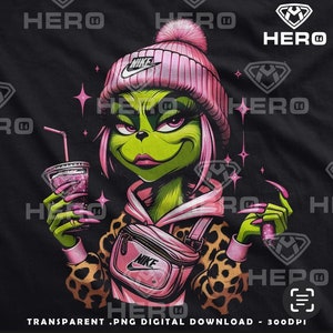 May include: A green Grinch character with pink hair wearing a pink beanie with a Nike logo, a pink and black leopard print jacket, and a pink fanny pack with a Nike logo. The Grinch is holding a pink drink with a straw and has pink nail polish.