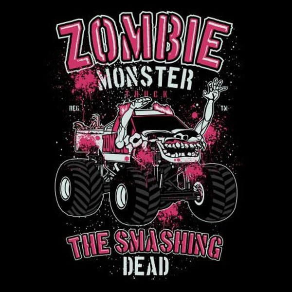 Zombie Monster truck with cool saying The smashing dead digital download for tshirts, Pink zombie big wheeler truck fun image