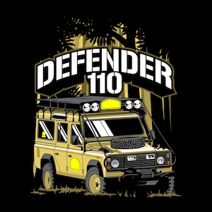 May include: Illustration of a tan Defender 110 SUV with a black roof rack, spotlights, and spare tire. The text "DEFENDER 110" is arched above the vehicle. The background features stylized trees against a black backdrop.