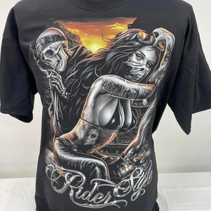Harley Biker babe covered face with bike bandanna Chica tattoed in bikini Reaper skeleton Sunset Ride or Die Skull Biker Download Png DTF