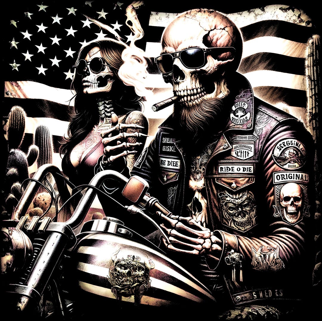Biker Skeleton Skull Rider Beard Biker Babe Under USA Flag on Harley ...