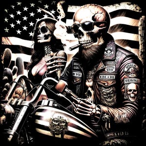 May include: A black and white illustration of a skeleton riding a motorcycle with an American flag in the background. The skeleton is wearing a leather jacket with patches that say "Ride or Die" and "Original".
