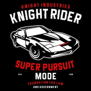 Könnte beinhalten: Schwarz-weiß-Illustration eines futuristischen Autos mit dem Text "Knight Industries Knight Rider Super Pursuit Mode" und "Foundation for Law and Government" in Rot.