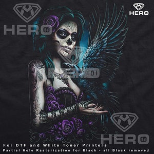 Day of the Dead Chicana Beauty with Raven Purple Roses Tattooed PNG for Dark Apparel Gothic black Lace Purple Rose PNG for Unique Outfits