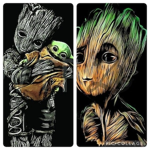 Baby Groot Bundle with Baby Yoda Cartoon Fun Kids Pencil Art PNG Download Groot Holding Baby Yoda Fun Baby Groot Cartoon Bundle PNG Artwork