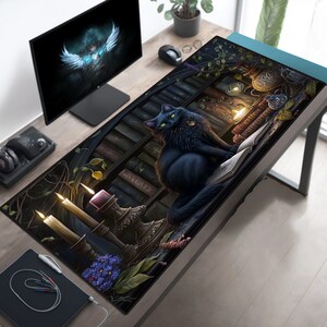 Dark Academia Desk, PC Gaming Setup, Black Cat Mousepad, Witchy Cat Mat, Gothic Cat Deskmat, Dark Cottagecore, Cat Lovers Gift, Violet Tone