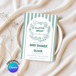 A Little Sprout On the Way, Baby Shower Invitations, Farmer&#39;s Market Theme, Canva Template, Editable Baby Shower Invite, Digital Invitations