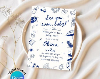Sea Theme Baby Shower Invitation: Hand-Drawn Template (Digital Download, 5x7 & Phone Invite Canva Links)