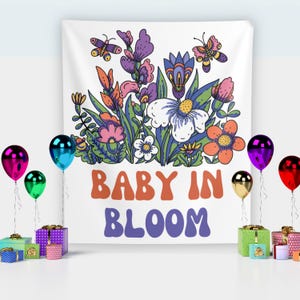 Baby in bloei babyshower achtergrond, gepersonaliseerde stoffen babybanner, bloemen babyshower welkomstbord, op maat gemaakt tapijt