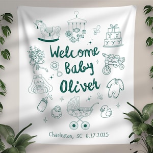 Striscione per baby shower, sfondo per baby shower disegnato a mano, striscione in tessuto personalizzato per baby shower, cartello di benvenuto per baby shower, arazzo personalizzato