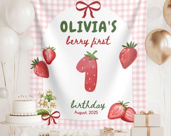 Strawberry First Birthday Backdrop: Personalized Coquette Banner