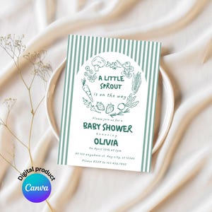 Little Sprout Baby Shower Invitations, Farmer&#39;s Market Theme, Canva Template, Editable Baby Shower Invite, Digital Invitations