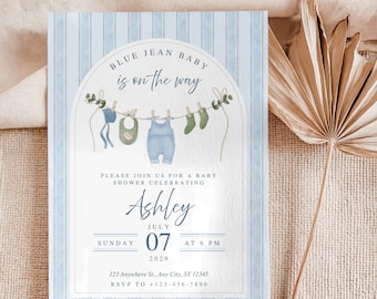 May include: A baby shower invitation with a blue and white striped background. The text "BLUE JEAN BABY is on the way" is arched at the top. The invitation includes the name "Ashley", date, time, and RSVP information.