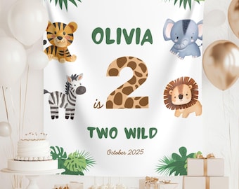 Striscione per il secondo compleanno con due animali selvaggi, arazzo personalizzato per il secondo compleanno