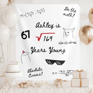 May include: A white backdrop with the text "Ashley is 67 Years Young" and mathematical equations. The backdrop is decorated with white and gold balloons, a cake, and wrapped gifts. The backdrop also has the text "Absolute Cinema!" and a meme cat.