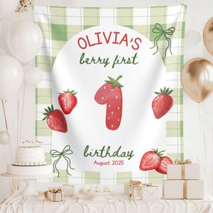 Berry First Birthday Banner: Strawberry Party Backdrop, Personalized Fabric