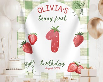 Berry First Birthday Banner: Strawberry Party Backdrop, Personalized Fabric