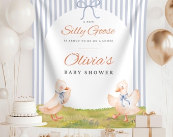 Banner de baby shower de Silly Goose: tapiz de tela personalizado