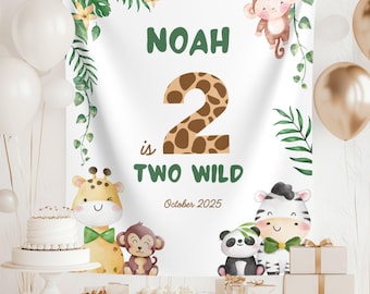 Striscione per il secondo compleanno con animali del safari, sfondo personalizzato per il secondo compleanno con due animali selvaggi