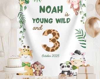 Safari Animals Third Birthday Banner, Young Wild and Three, Personalized 3rd Birthday Backdrop