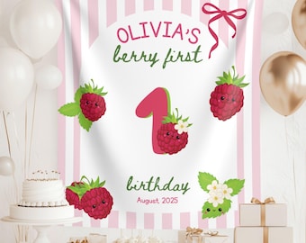Berry First Birthday Banner: Personalized Raspberry Fabric Backdrop