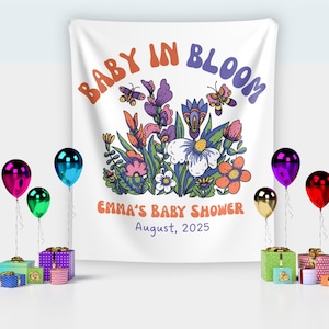 Baby in bloei babyshower achtergrond, gepersonaliseerde stoffen babybanner, bord baby in bloei, op maat gemaakt tapijt, groovy babyshower