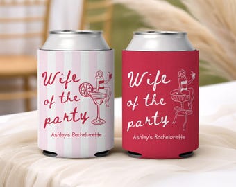 Chłodziarki na puszki z napisem „Żona na przyjęciu”, spersonalizowane rękawy na napoje, upominki na wieczór panieński, spersonalizowane artykuły do napojów dla klubu kawalerskiego