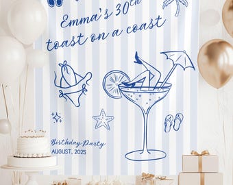 30th Birthday Tapestry Banner: "Toast on a Coast" Custom Party Decor