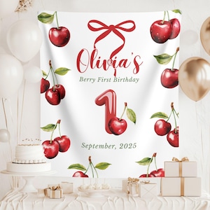 Berry First Birthday Banner: Cherry Coquette Fabric Backdrop