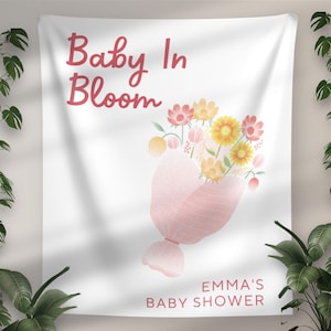 Baby in bloei stof babybanner, gepersonaliseerde achtergrond babyshower, bloemen welkomstbord babyshower, aangepast tapijt, aangepaste achtergrond