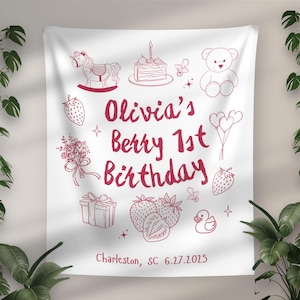 Berry First Birthday Tapestry: Personalized Strawberry Party Decor