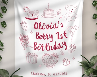 Berry First Birthday Tapestry: Personalized Strawberry Party Decor