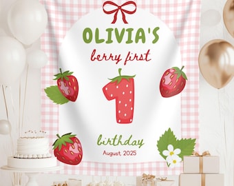 Berry First Birthday Banner: Strawberry Party Backdrop