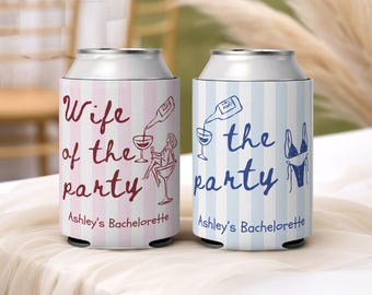 La esposa del fiestero, enfriadores de latas personalizados, fundas para bebidas personalizadas, recuerdos para despedida de soltera.