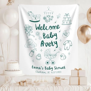Welcome Baby Shower Banner, Hand Drawn Style Baby Shower Backdrop, Personalized Fabric Baby Banner, Baby Shower Welcome Sign