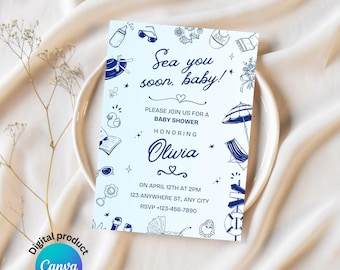 Zaproszenie na baby shower w klimacie oceanu: Sea You Soon, edytowalny szablon Canva (do pobrania cyfrowego)