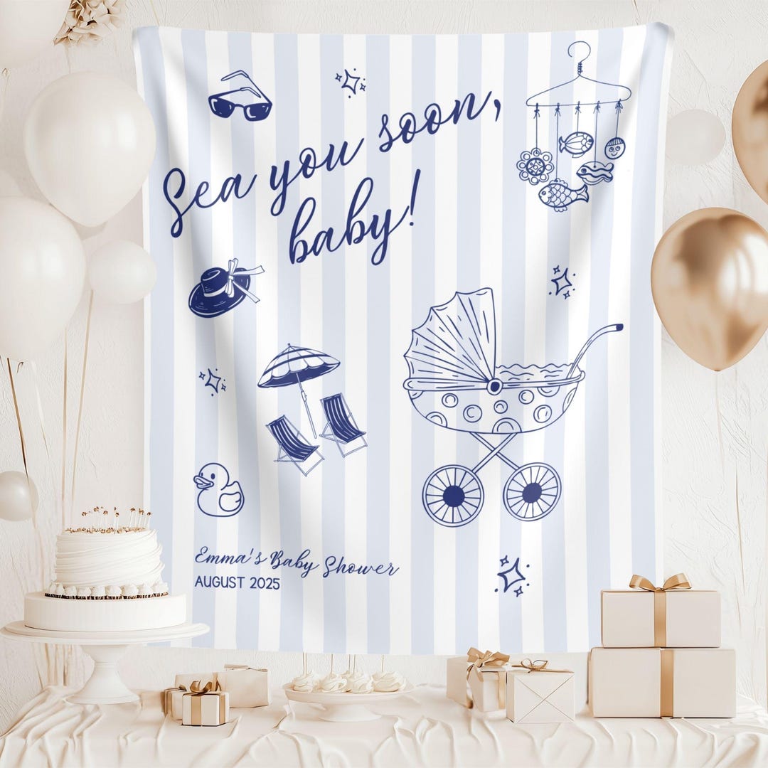 Personalized Nautical Baby Shower Backdrop: Sea You Soon Banner - Etsy