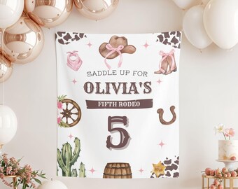 Tapiz del quinto cumpleaños del rodeo: telón de fondo de fiesta de vaqueras del salvaje oeste