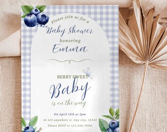 Blueberry Baby Shower Invitation: Berry Sweet Gingham Canva Template (Digital Download)