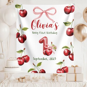 Berry First Birthday Banner: Cherry Coquette Fabric Backdrop