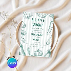 A Little Sprout Baby Shower Invitations, Farmer&#39;s Market Theme Baby Shower Invitations, Canva Editable Invite, Digital Invitations