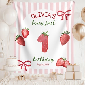 Berry First Birthday Banner: Strawberry Party Backdrop, Personalized Fabric