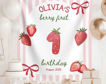 Berry First Birthday Banner: Strawberry Party Backdrop, Personalized Fabric