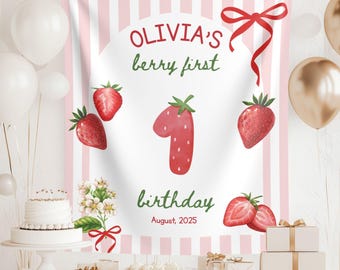 Berry First Birthday Banner: Personalized Strawberry Party Backdrop