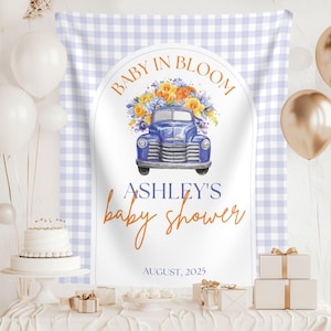 Baby in bloei babyshower achtergrond, gepersonaliseerde stoffen babybanner, bord baby in bloei, op maat gemaakt tapijt, gingangpatroon