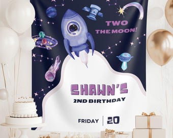 Two the Moon Birthday Banner, Space Second Birthday Backdrop, Custom Tapestry