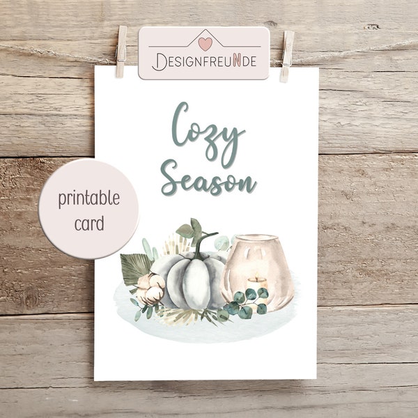 Printable Greeting Card for cozy season autumn/fall and winter, pumpkin and candle, Grußkarte Herbst Winter