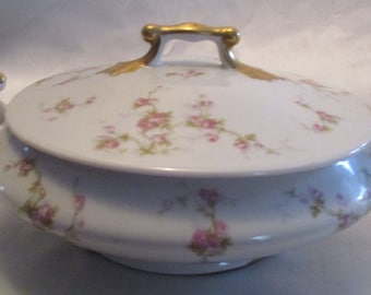 May include: A white porcelain serving dish with a lid, featuring a delicate floral pattern of pink roses and green leaves. The dish has gold accents on the handles and rim.