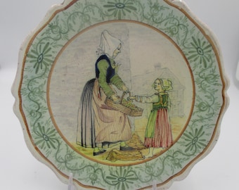 PB (Porquier-Beau) Unmarked Quimper Plate Hand Painted Lady Selling Apples Circa Late 1800s